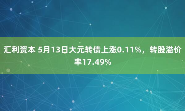 汇利资本 5月13日大元转债上涨0.11%，转股溢价率17.49%